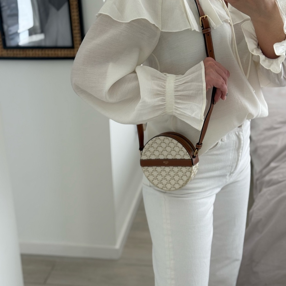 CELINE GHW Triomphe Round Shoulder Bag PVC Coated Canvas White. - Picture 11 of 15